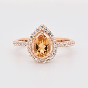 5/$25 Rose Gold Band Teardrop Amber Stone w/ CZ Accents